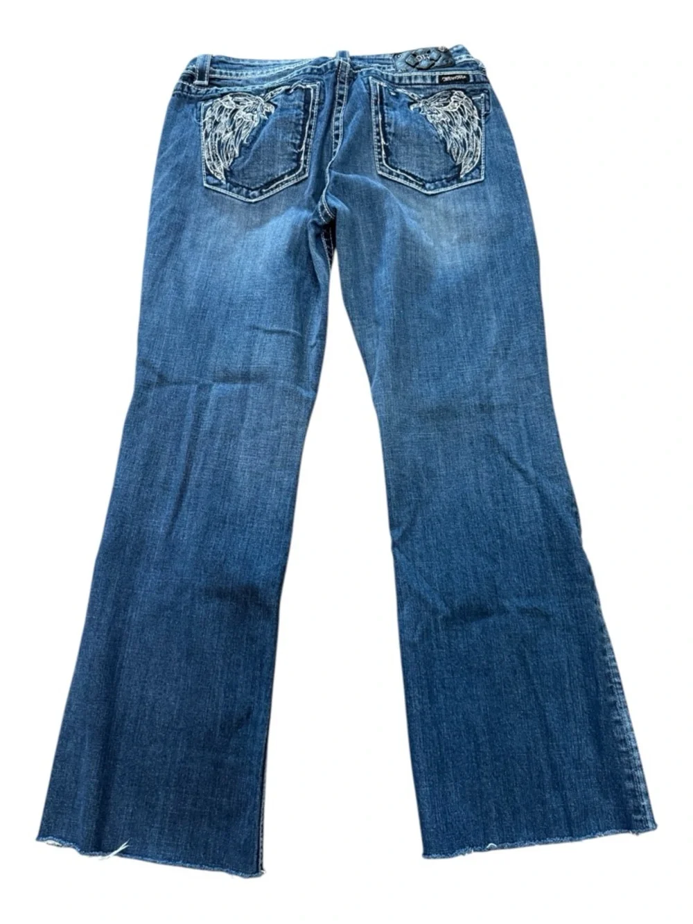 Miss Me Blue Stretch Denim Bootcut Jeans with Silver Embroidered Wing Pockets 34 - Picture 12 of 16